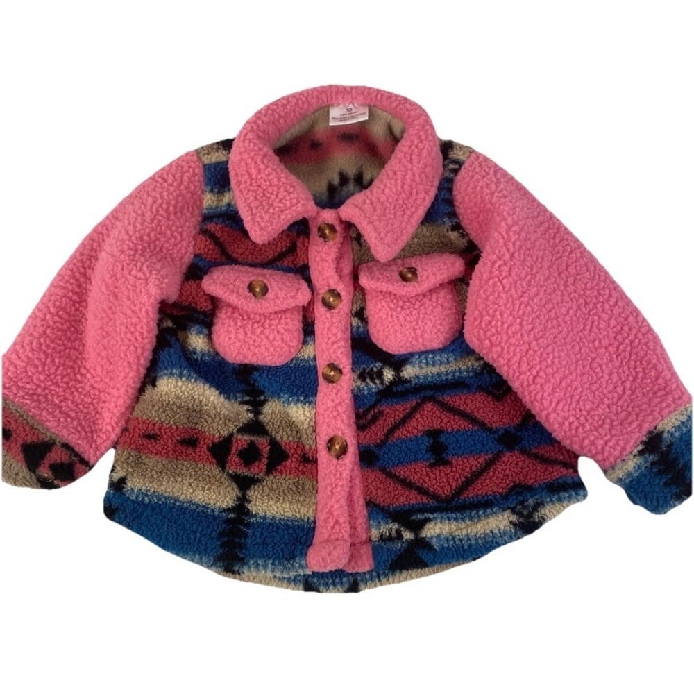 Southwestern Aztec Sherpa Shacket‎ Kids XS Pink Blue Fleece Button Up Jacket